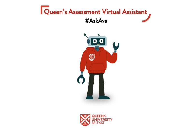graphic on red background showing Queen's University Belfast-branded chatbot with wording above