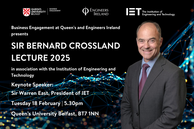 promo graphic for Bernard Crossland Lecture 2025, showing thumbnail of guest speaker Sir Warren East