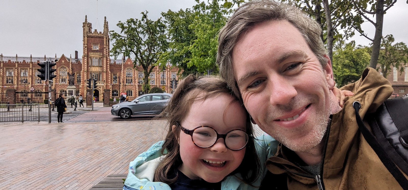 Dermot Leonard and his daughter, Flora, outside Queen's University Belfast