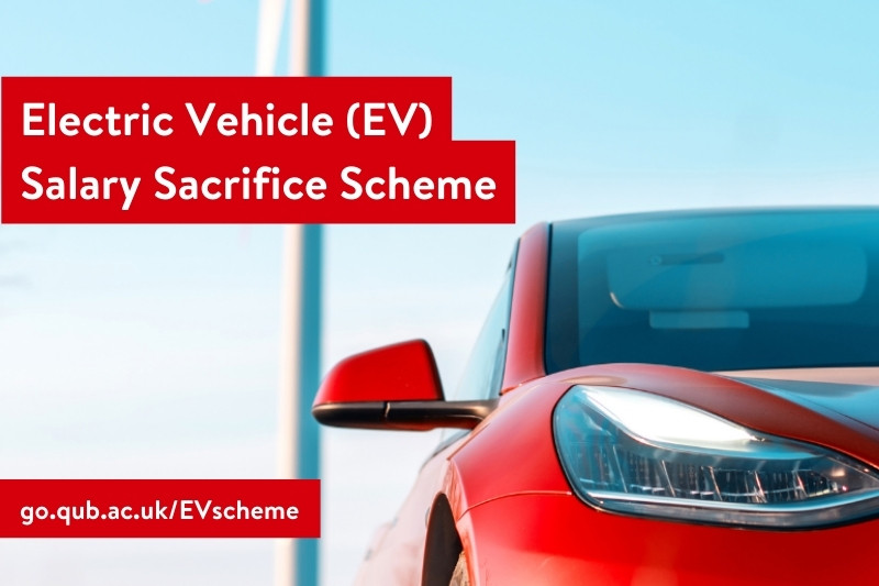 promo graphic for Electric Vehicle (EV) Salary Sacrifice Scheme showing parked red car against blue sky background
