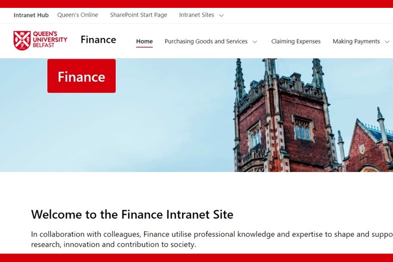 screengrab of Queen's Finance intranet site