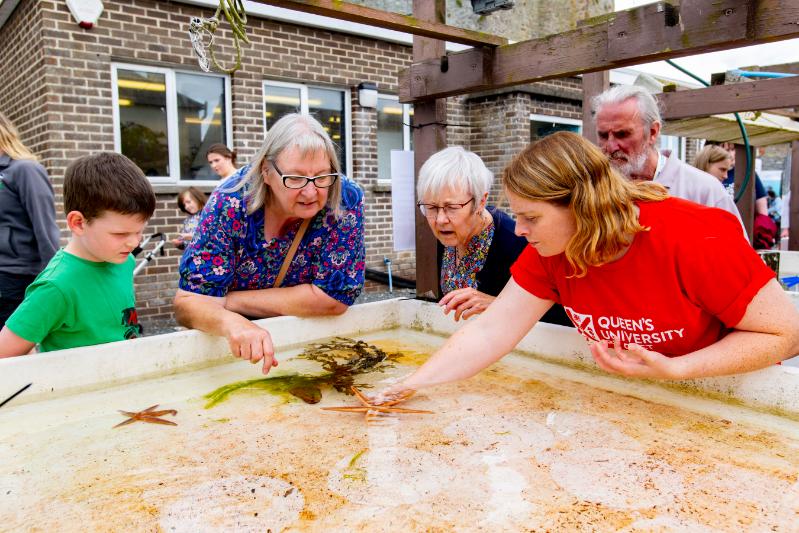 woman in red t-shirt demonstrating marine life in an open tank to passers-by