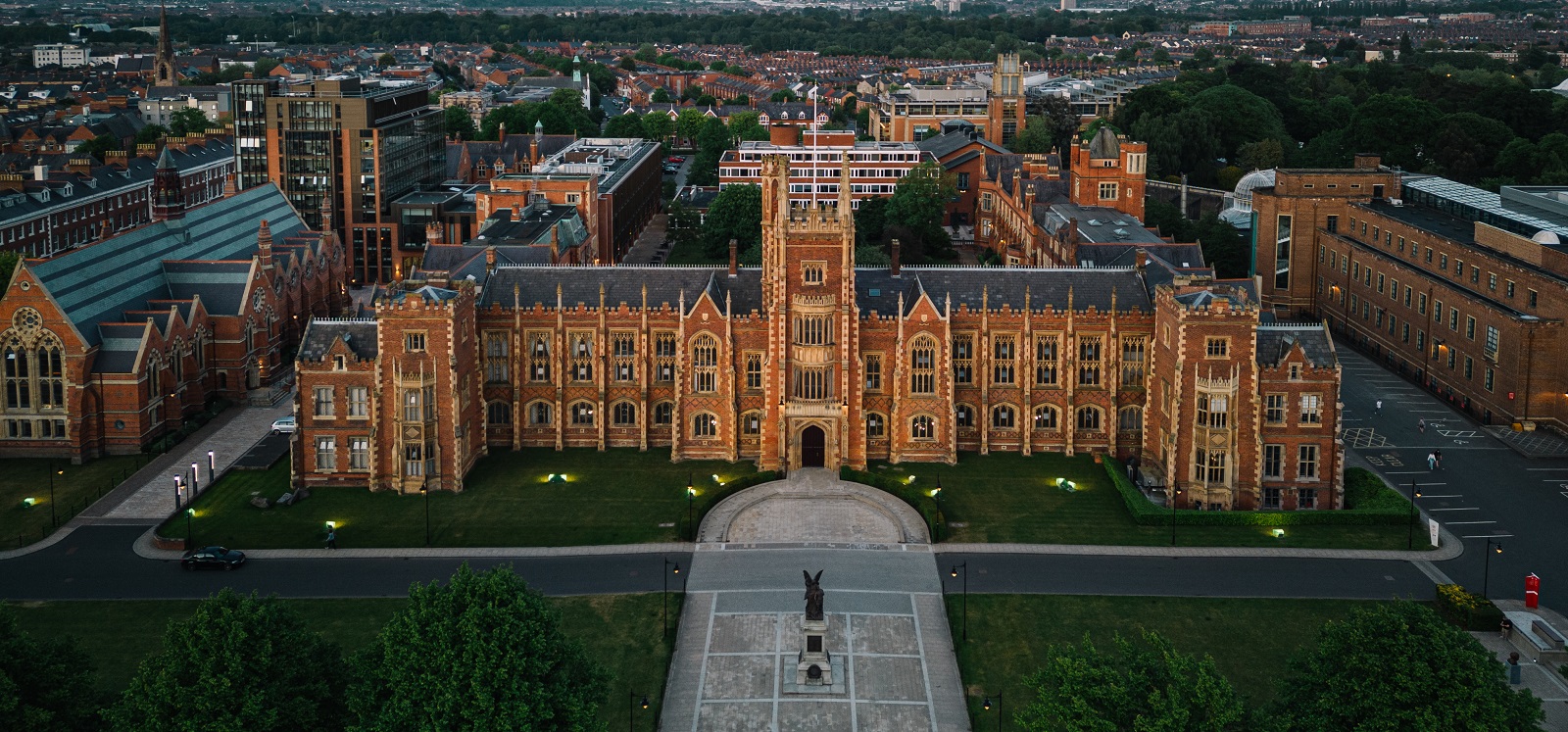 aerial view of main Lanyon campus at Queen's University Belfast, 31 May 2023