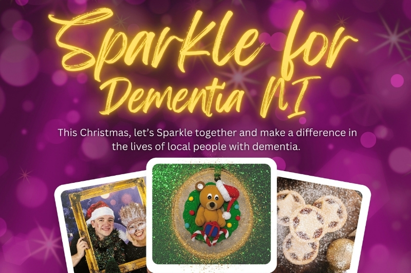 poster detail for 'Sparkle for Dementia NI' charity event, 2024, including three thumbnail images of people dressed in festive fancy dress, a teddy bear, and mince pies